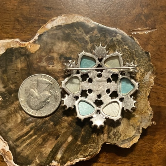 Yellow and Green Blossom Brooch Silver Tone Setting 1 1/2” Diameter - Picture 3 of 3